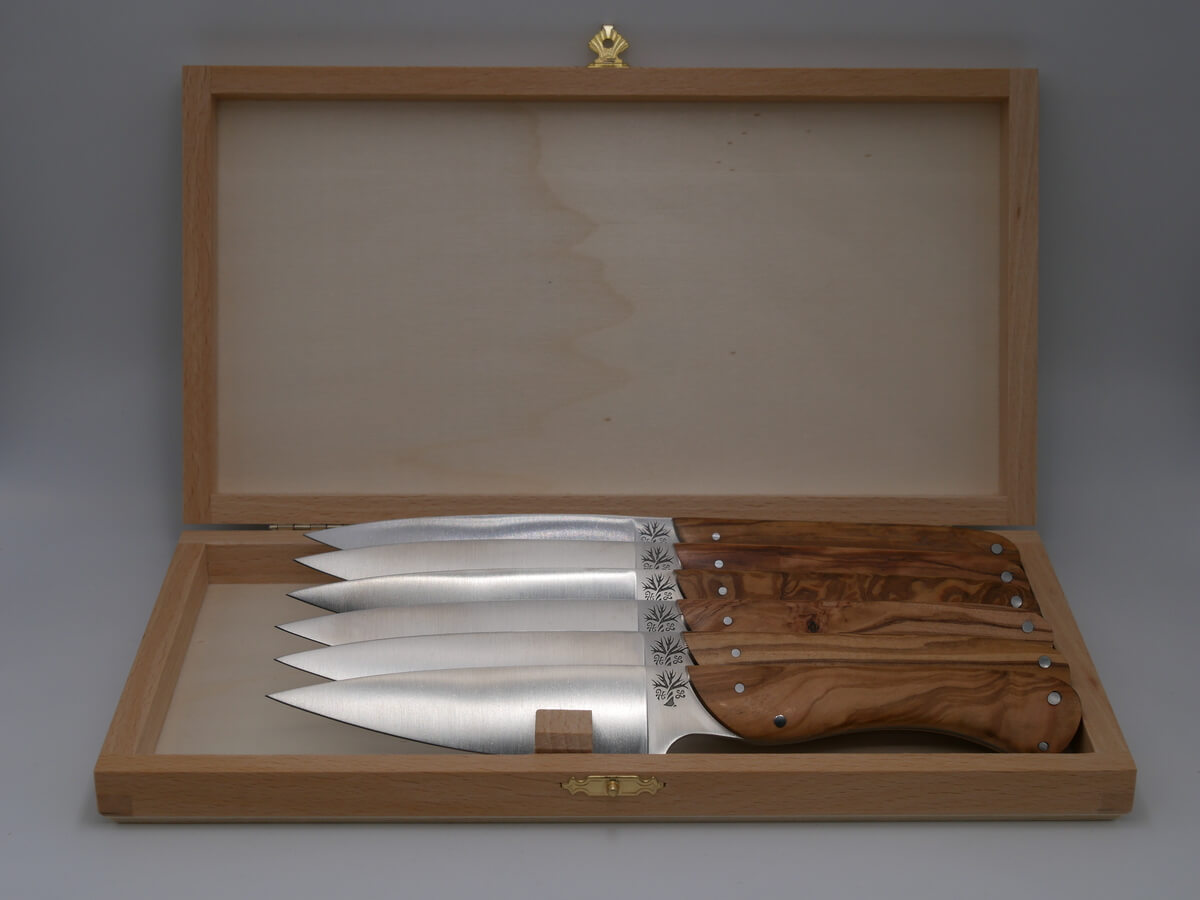 Set de couteaux 6 pièces avec barre magnétique, bois d'olivier