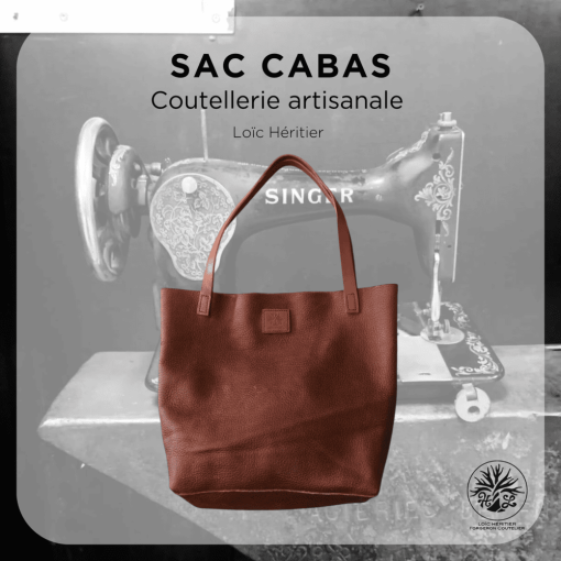 Sac Cabas artisanal en cuir - couture au point sellier - motif grainé ciré