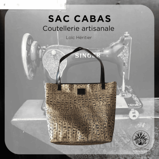 Sac Cabas artisanal en cuir - couture au point sellier - motif crocodile or