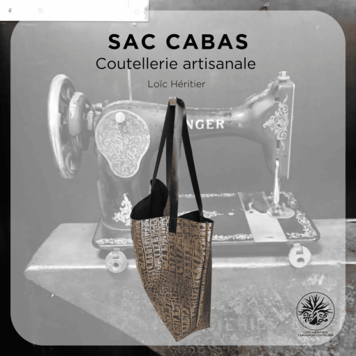 Sac Cabas artisanal en cuir - couture au point sellier - motif crocodile or – Image 4