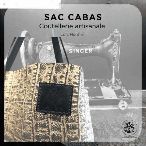 Sac Cabas artisanal en cuir - couture au point sellier - motif crocodile or – Image 2